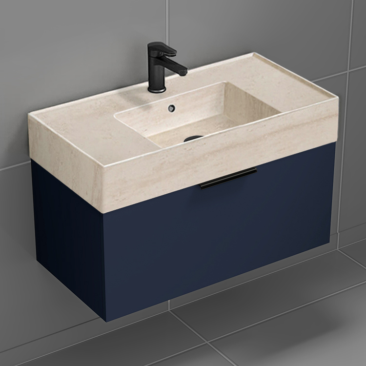 Nameeks DERIN823 Blue Bathroom Vanity With Beige Travertine Design Sink, Floating, 32 Inch